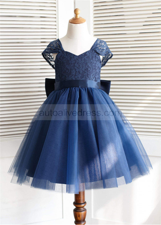 Navy Blue Lace Tulle Cap Sleeves Knee Length Flower Girl Dress 